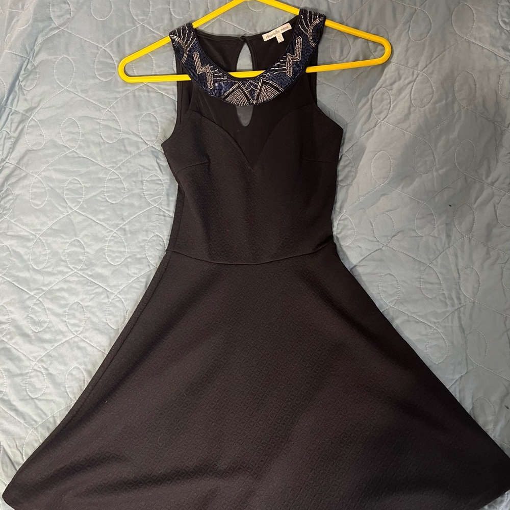 Charlotte Russe Black One-Shoulder Fit & Flare Dress with Beaded Collar